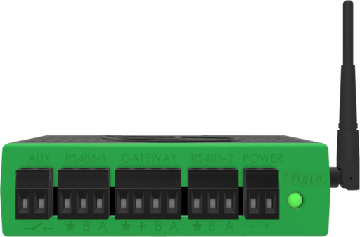 Tigo Cloud Connect Advanced - Data Logger - Front view of Tigo Green RS485 Communication Gateway with ports and antenna