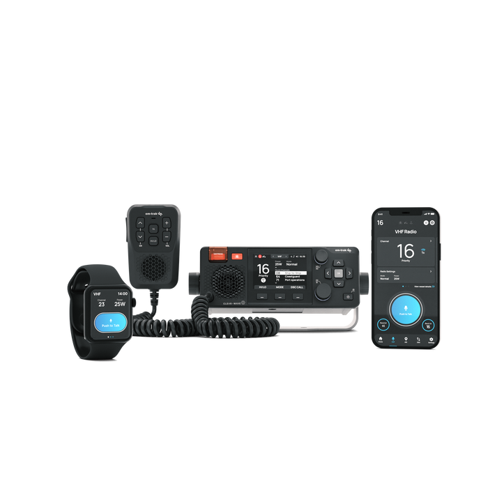 em-trak X100 VHF DSC radio with AIS, fist mic and the CONNECT-X app on phone and smartwatch