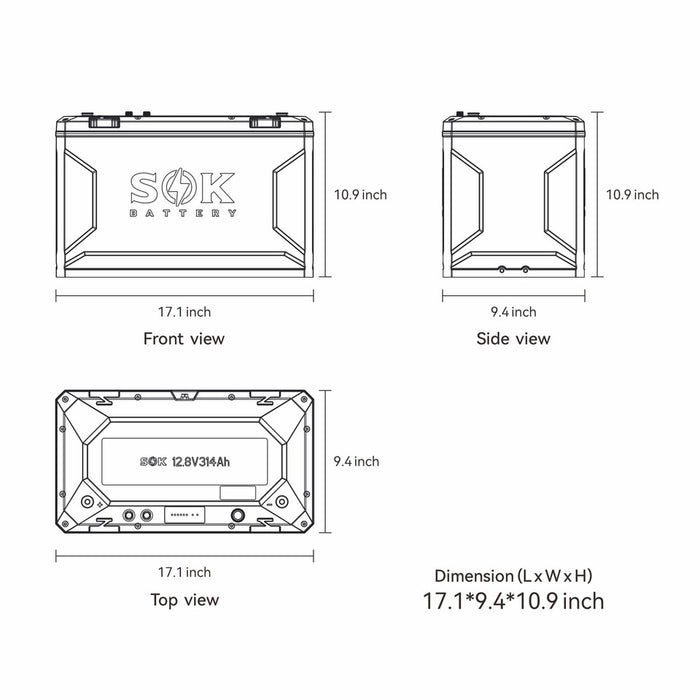 SOK SK12V314PH 12V 314Ah LiFePO4 battery - dimensions diagram