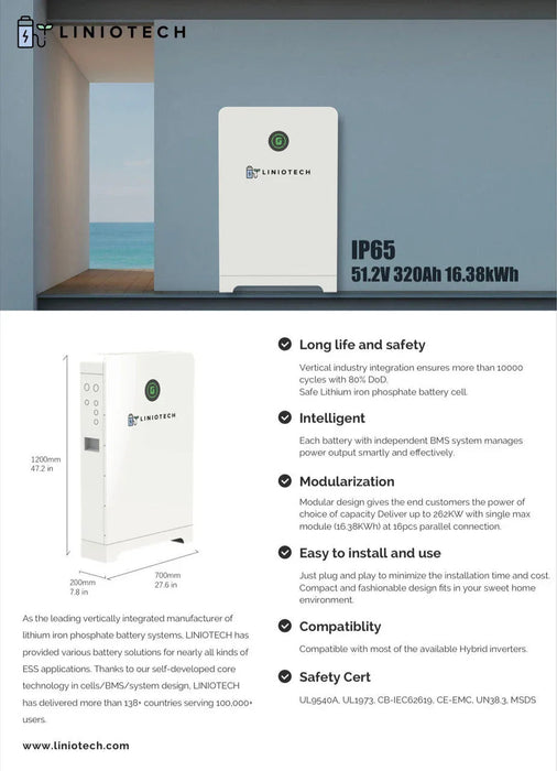 Green Vista Living LINIOTECH 14.33kWh Lifepo4 48V 280Ah Battery Storage | IP65 Outdoor Rated... Power Station - Dimensions