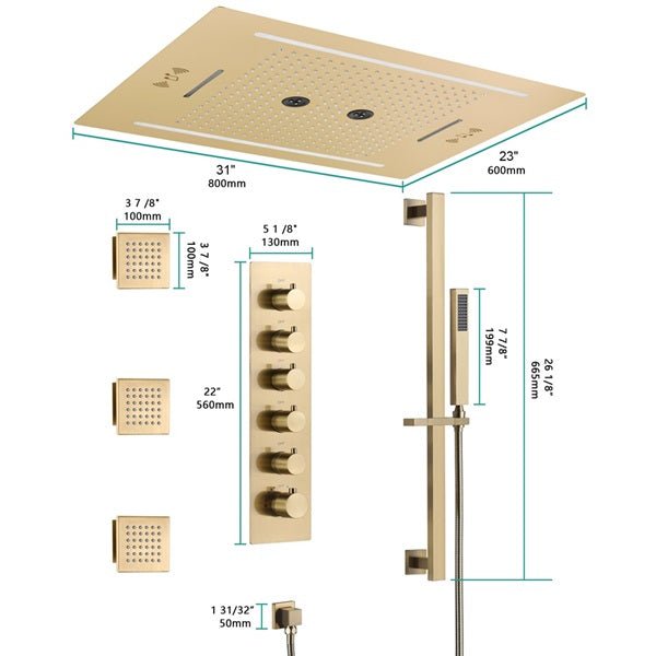 Florence 23"x31" Brushed Gold Music LED Shower System By Cascada Showers - Lifestyle View