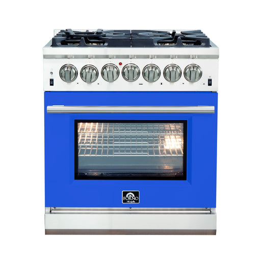 Forno 30" Capriasca Dual Fuel Range with 5 Gas Burners and 240v Electric Oven in Stainless Steel with Blue Door (FFSGS6187-30BLU) Ranges Forno 