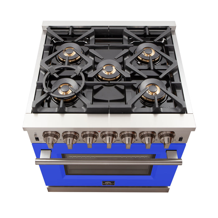 Forno 30-Inch Capriasca Gas Range with 5 Burners and Convection Oven in Stainless Steel with Blue Door (FFSGS6260-30BLU)