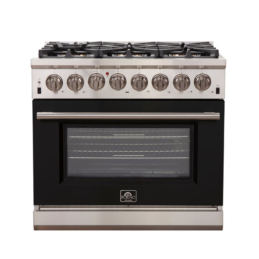 Forno 36" Capriasca Dual Fuel Range with 6 Gas Burners and 240v Electric Oven in Stainless Steel with Black Door (FFSGS6187-36BLK) Ranges Forno 
