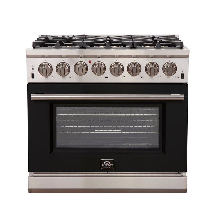 Forno 36" Capriasca Dual Fuel Range with 6 Gas Burners and 240v Electric Oven in Stainless Steel with Black Door (FFSGS6187-36BLK) Ranges Forno 