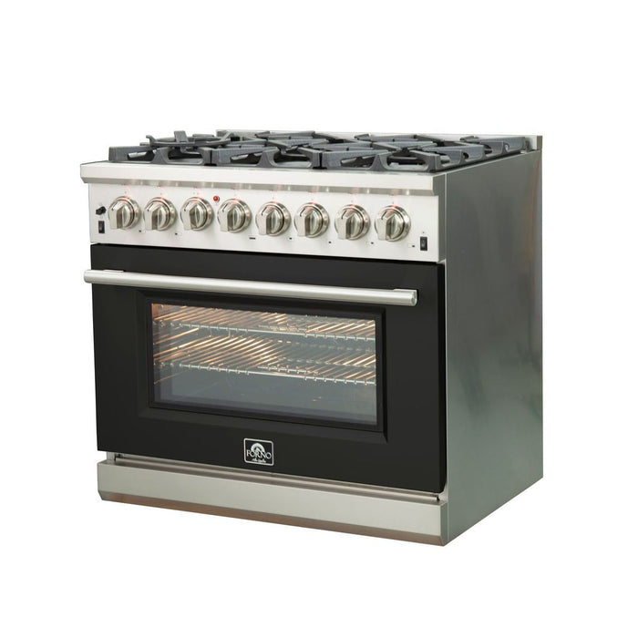 Forno 36-Inch Capriasca Dual Fuel Range with 6 Gas Burners and 240v Electric Oven in Stainless Steel with Black Door (FFSGS6187-36BLK)