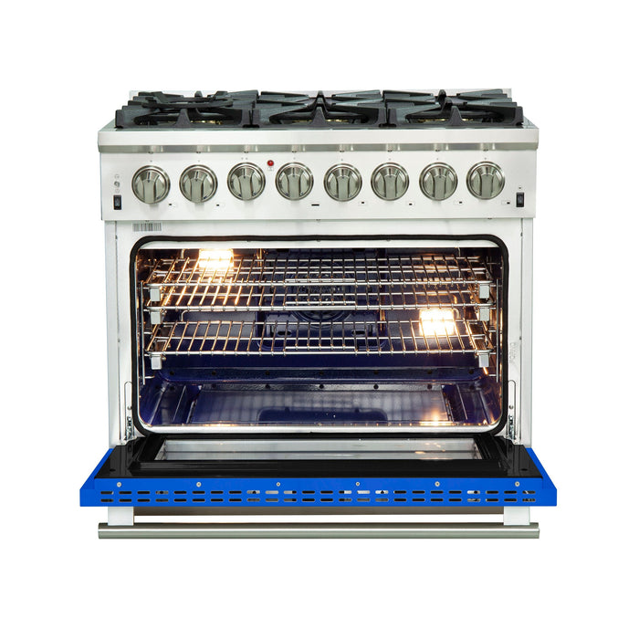Forno 36-Inch Capriasca Dual Fuel Range with 6 Gas Burners and 240v Electric Oven in Stainless Steel with Blue... - Close-Up