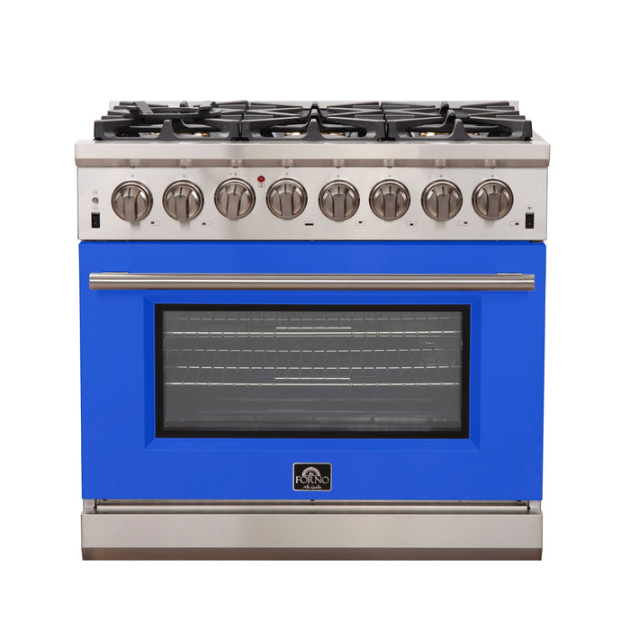 Forno 36" Capriasca Dual Fuel Range with 6 Gas Burners and 240v Electric Oven in Stainless Steel with Blue Door (FFSGS6187-36BLU) Ranges Forno
