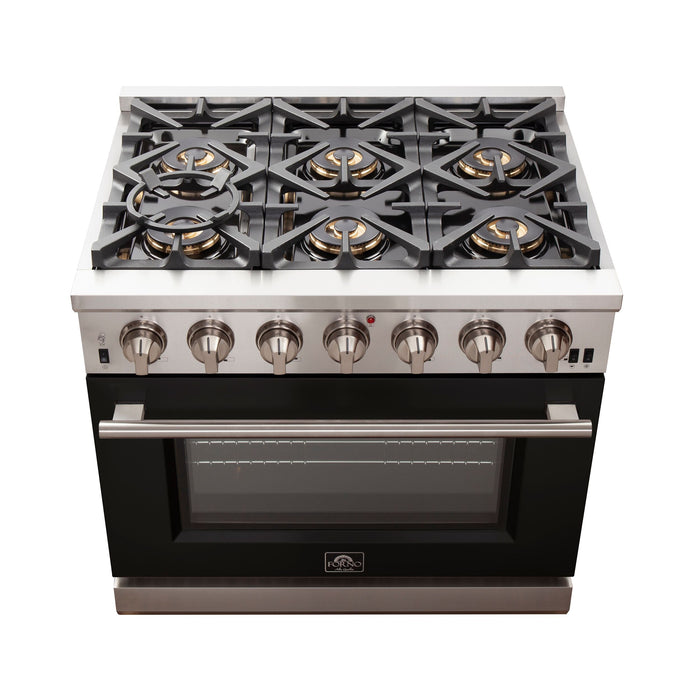 Forno 36-Inch Capriasca Gas Range with 6 Burners and Convection Oven in Stainless Steel with Black Door (FFSGS6260-36BLK)