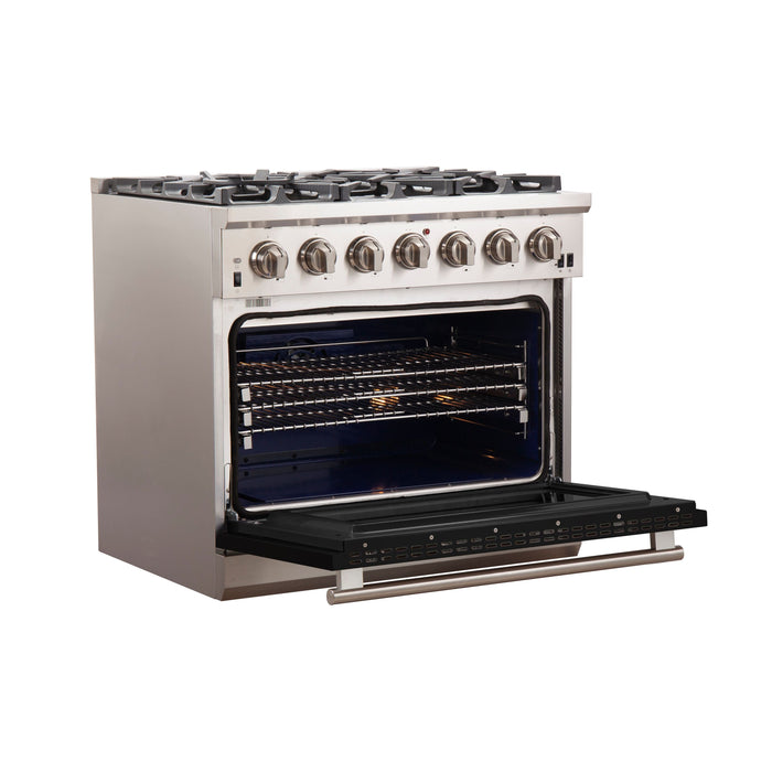 Forno 36-Inch Capriasca Gas Range with 6 Burners and Convection Oven in Stainless Steel with Black Door (FFSGS6260-36BLK)
