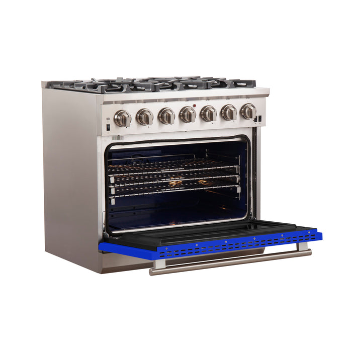 Forno 36-Inch Capriasca Gas Range with 6 Burners and Convection Oven in Stainless Steel with Blue Door (FFSGS6260-36BLU)