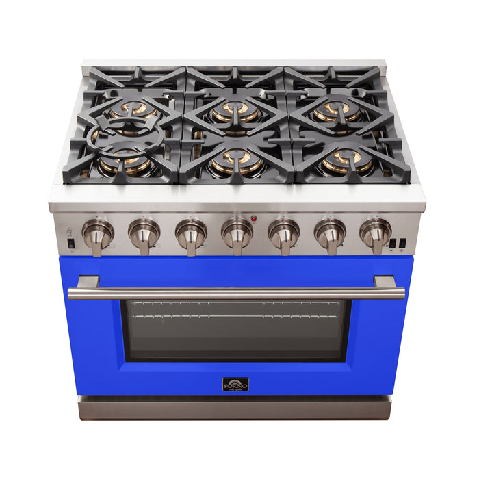 Forno 36-Inch Capriasca Gas Range with 6 Burners and Convection Oven in Stainless Steel with Blue Door (FFSGS6260-36BLU)