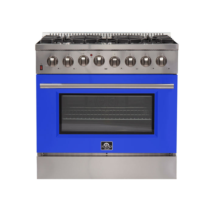 Forno 36" Galiano Dual Fuel Range with 6 Gas Burners and 240v Electric Oven in Stainless Steel with Blue Door (FFSGS6156-36BLU) Ranges Forno 
