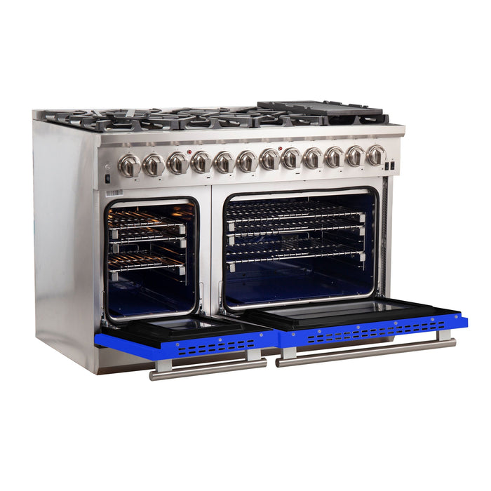 Forno 48-Inch Capriasca Dual Fuel Range with 8 Gas Burners and 240v Electric Oven in Stainless Steel with Blue Door (FFSGS6187-48BLU)