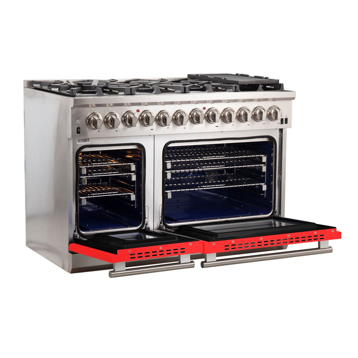 Forno 48-Inch Capriasca Dual Fuel Range with 8 Gas Burners and 240v Electric Oven in Stainless Steel with Red Door (FFSGS6187-48RED)