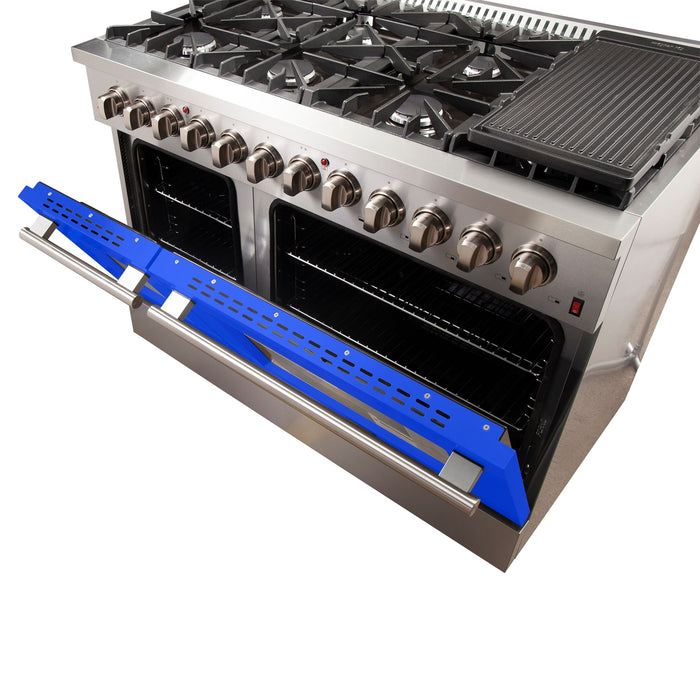 Forno 48-Inch Galiano Dual Fuel Range with 8 Gas Burners and 240v Electric Oven in Stainless Steel with Blue Door (FFSGS6156-48BLU)
