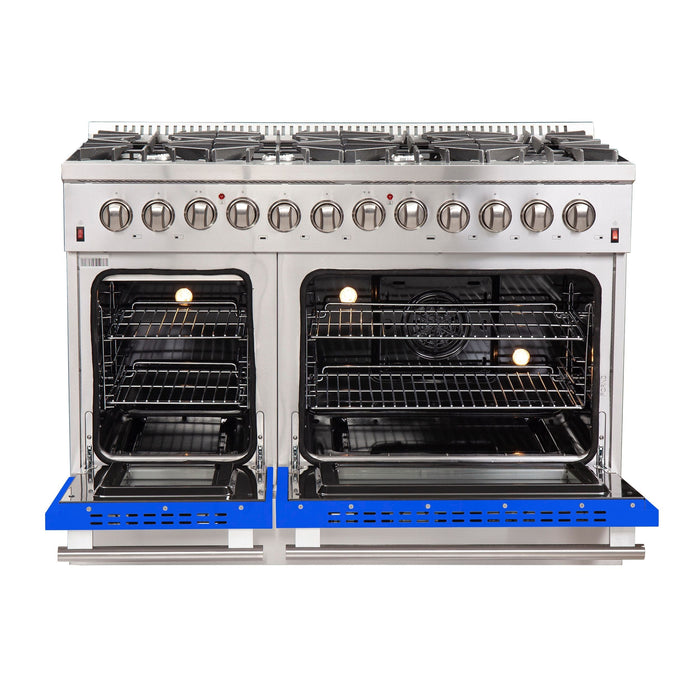 Forno 48-Inch Galiano Dual Fuel Range with 8 Gas Burners and 240v Electric Oven in Stainless Steel with Blue Door (FFSGS6156-48BLU)