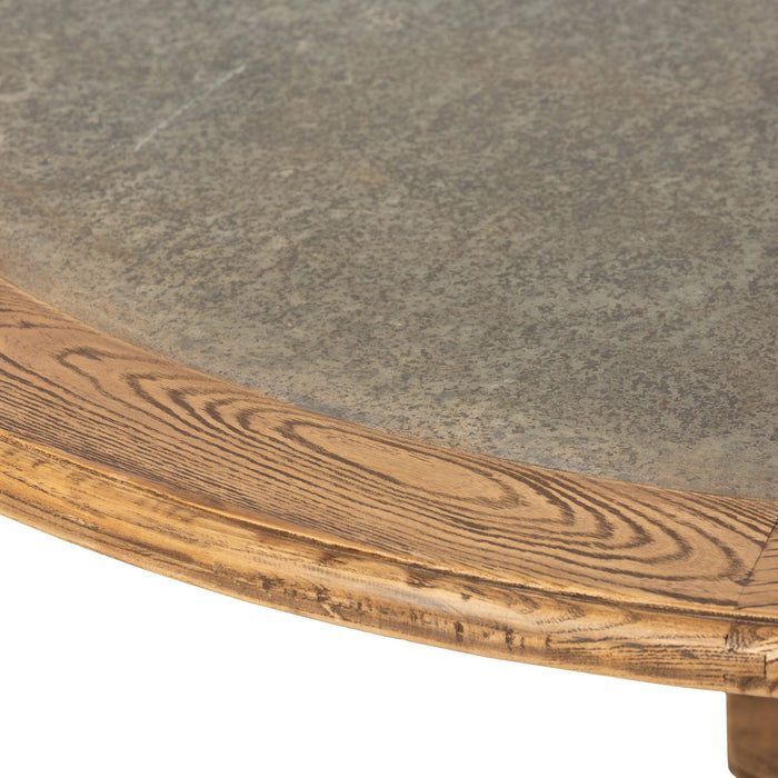 Park Hill Collection Aged Zinc Top Round Dining Table - Rustic Elmwood Pedestal Base with Stunning Zinc Inlay Design EFT06093
