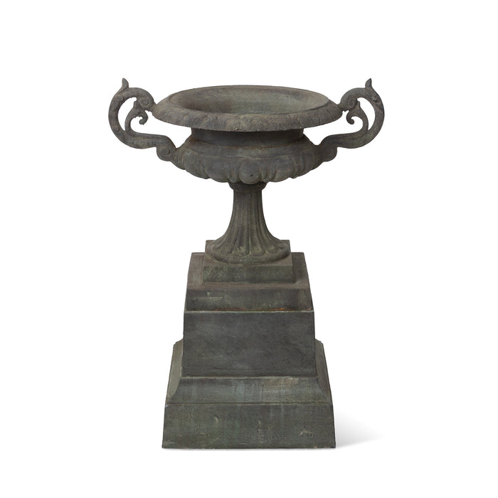 Park Hill Collection Cast Iron Terrace Urn on Plinth – Elegant Weathered Metal Planter for Stunning Outdoor Décor