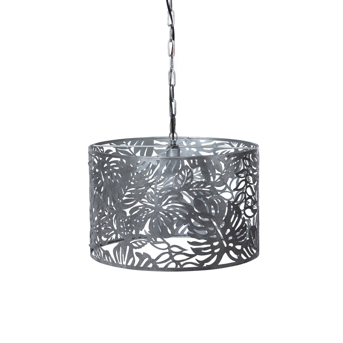Park Hill Collection Monstera Vine Drum Light Fixture - Elegant Silver Iron Shade with Leaf Cutouts for Tropical Décor