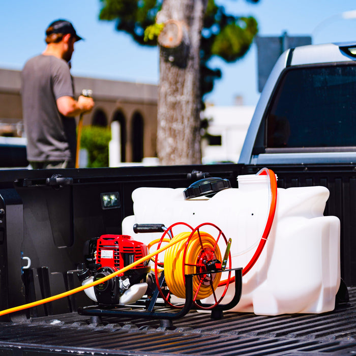 1.6HP Skid Sprayer Barrel Mount Only with Honda GX35 100ft Hose and 500 PSI Pump for Pest Control - side view