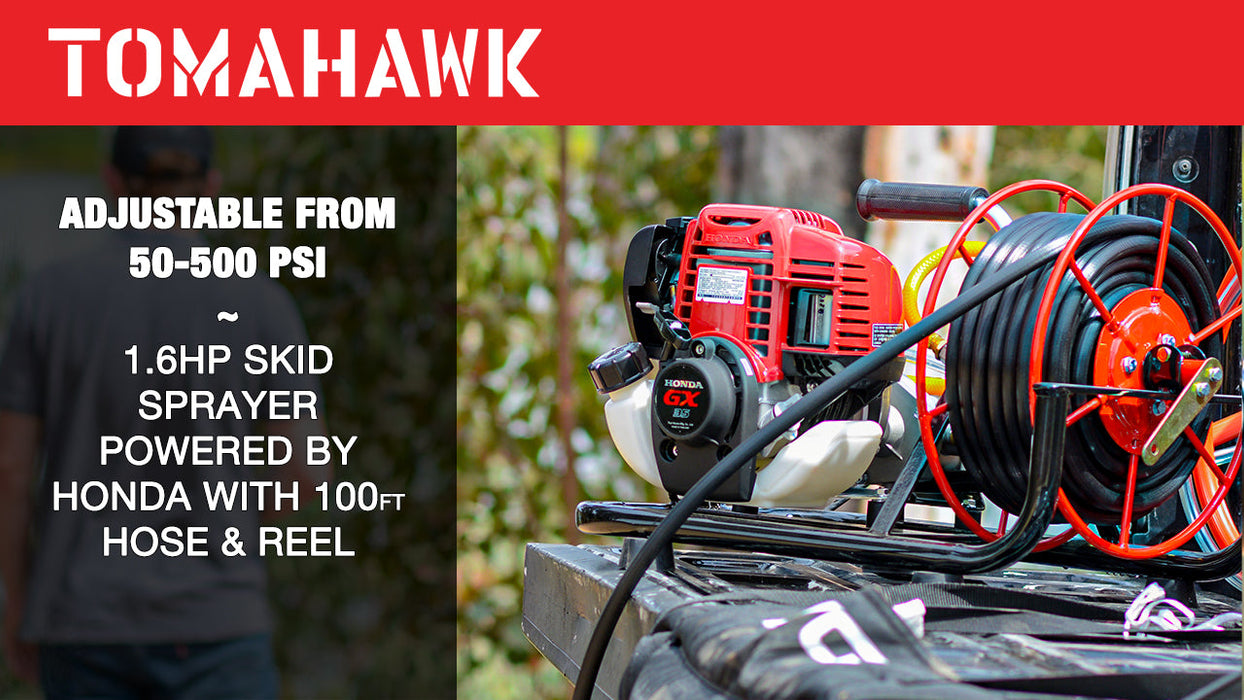 1.6HP Skid Sprayer Barrel Mount Only with Honda GX35 100ft Hose and 500 PSI Pump for Pest Control - specifications diagram