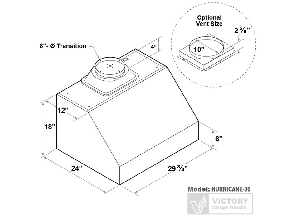 Victory Range Hoods 30 Inch 1200 CFM Under Cabinet Range Hood - VICTORY Hurricane