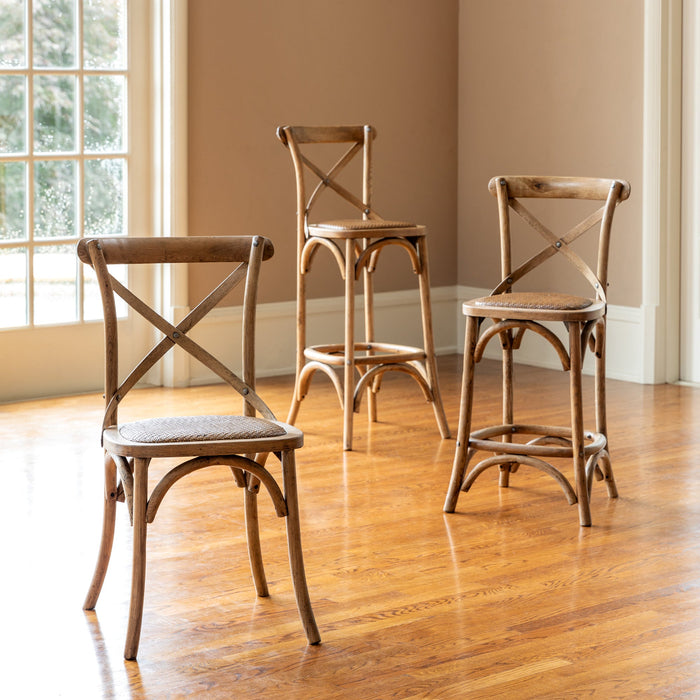 Park Hill Collection Wooden Cross Back Counter Stool - Rustic Aged Finish, Cane Woven Seat, Perfect for Farmhouse Decor