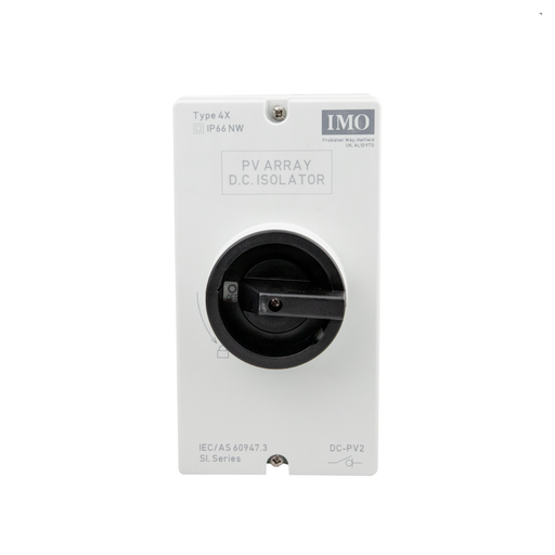 IMO DC Disconnect Rooftop Isolator Switch - 4 Pole - 2 String - IMO DC Disconnect Rooftop Isolator Switch showing the front view with the rotary actuator switch and plastic enclosure