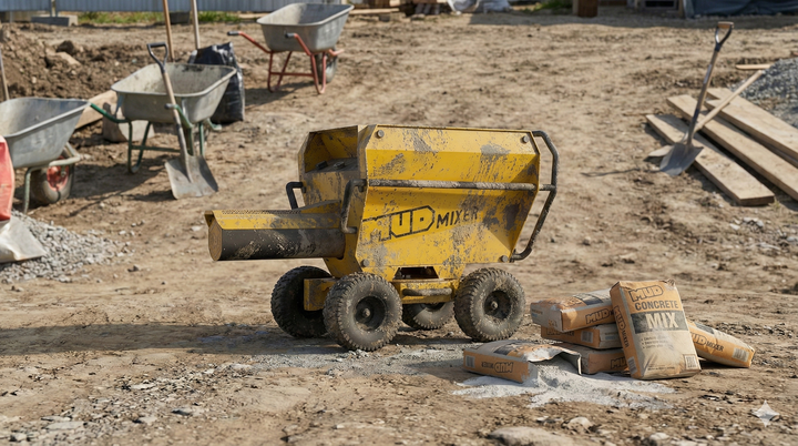 MudMixer Pro on a construction site next to bags of concrete mix