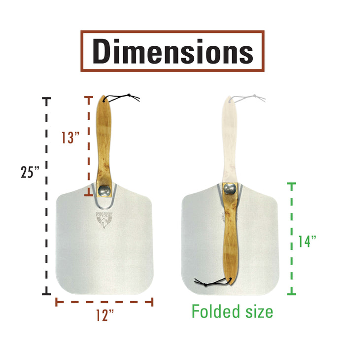 Chicago Brick Oven Aluminum Pizza Peel 12" x 14" with Foldable Wooden Handle - 25" Long