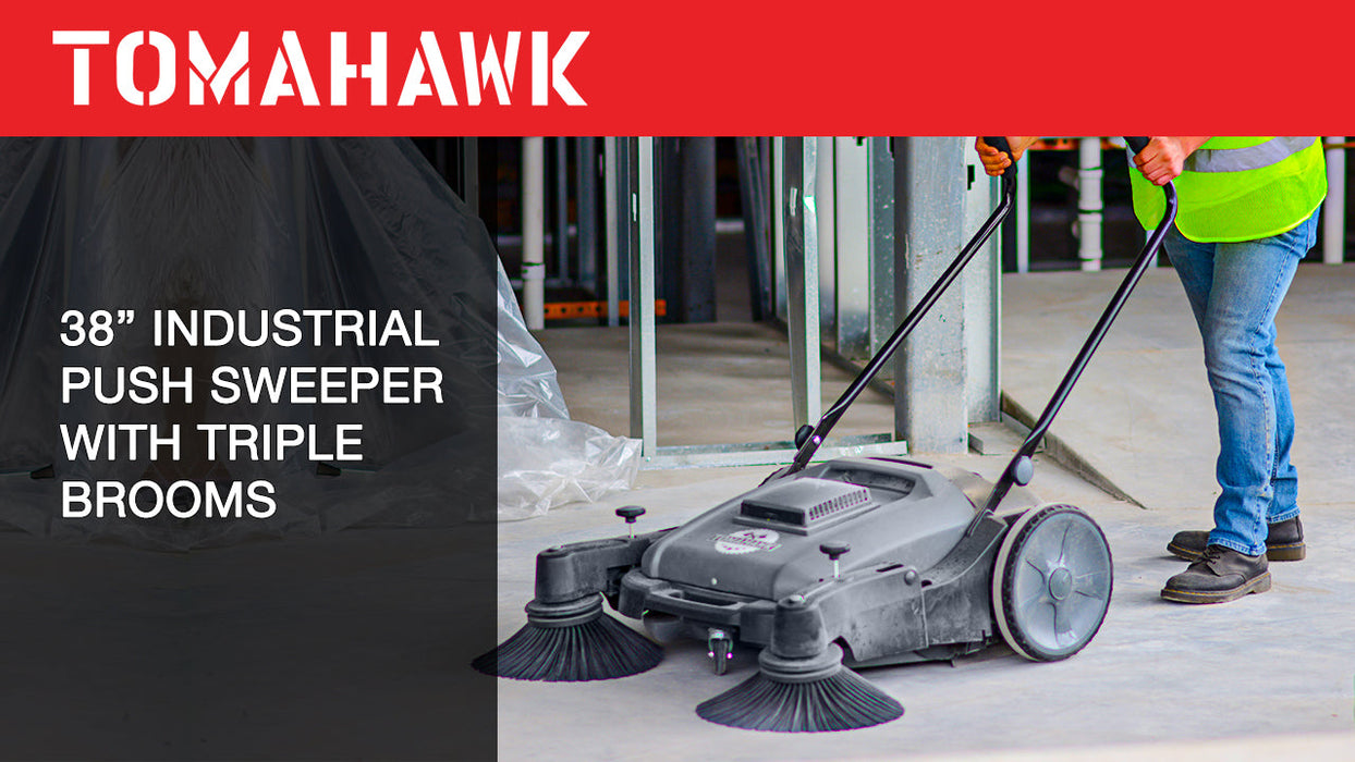 Tomahawk Power Commercial 38" Push Sweeper with Triple Power Brooms Concrete Vibrators - Detail View