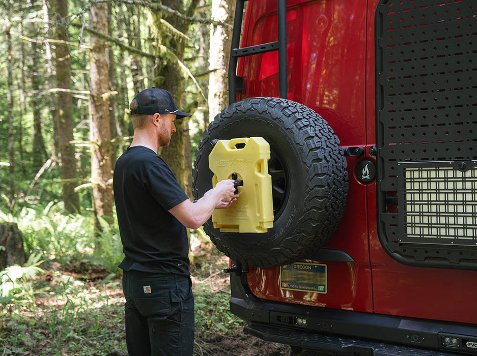 Flatline Van Co. Tire Carrier Rotopax Adapter – installed on vehicle, image 6 of 8