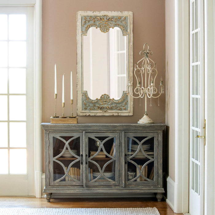 Park Hill Collection Coquille Carved Wood Mirror - Elegant Artisan Horizontal Design in Blue & White, Perfect for Any Room