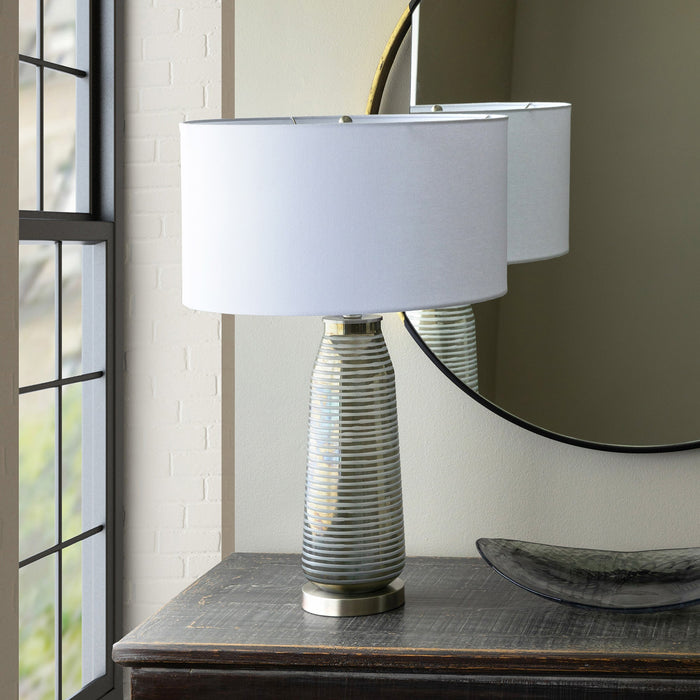 Park Hill Collection Delany Grinded Glass Lamp - Urban Chic Table Lamp with Ribbed Base & Elegant White Linen Shade