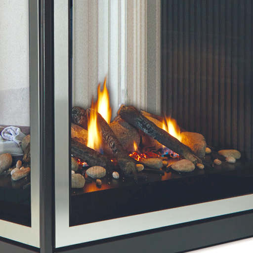 Empire logs and stones media shown in a Tahoe Clean-Face Premium multi-sided fireplace