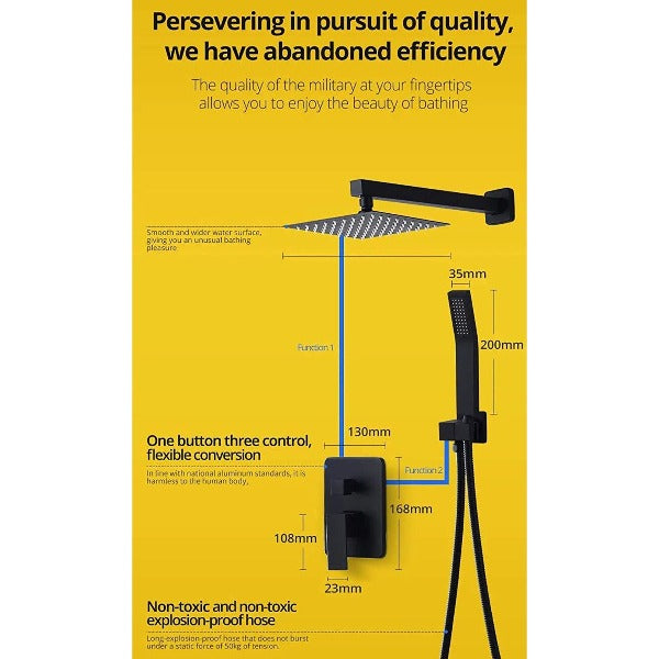 Cascada Showers Luxury 12" Square Wall Mounted Shower System, Dual Handle - Side View