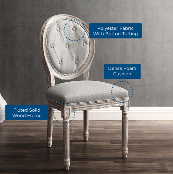 Modway Arise Vintage French Upholstered Fabric Dining Side Chair in Light Gray - Detail View