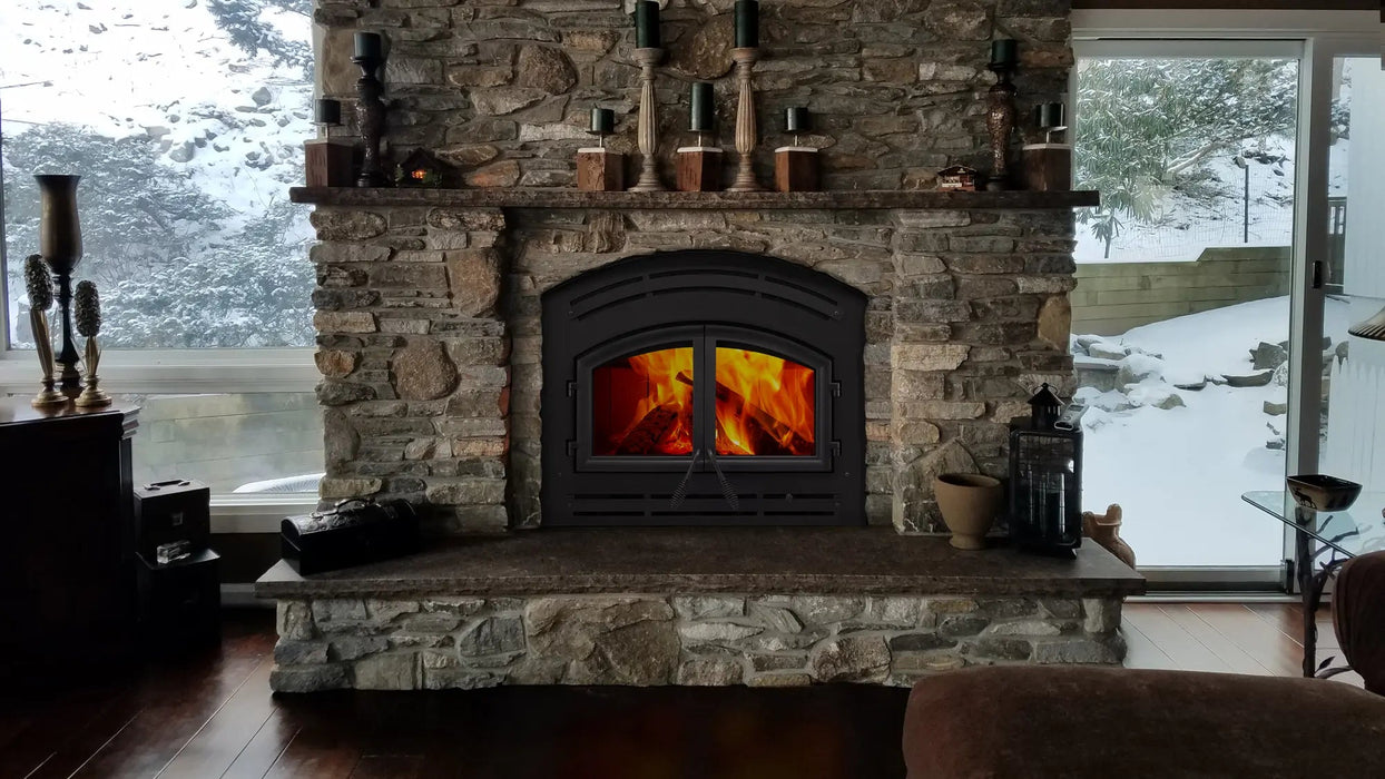 Warm Majic Wood Fireplace with Cast Iron Arch Doors - detail close-up