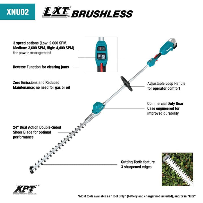VM Hardware Makita XNU02T 18V LXT® Lithium-Ion Brushless Cordless 24" Pole Hedge Trimmer Kit (5.0Ah) - Features