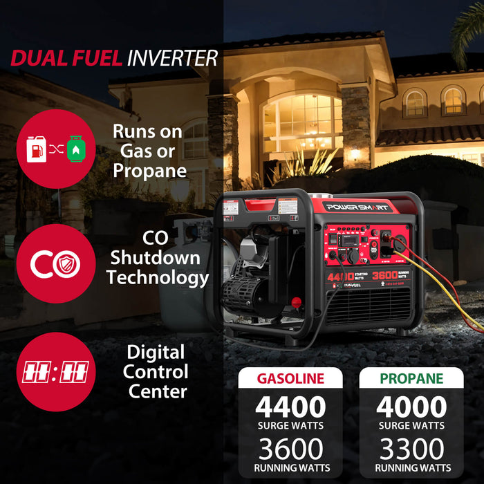 PowerSmart 4400W/4000W Gasoline/Propane Duel Fuel Inverter Generator w/ CO Alert MB5040DC