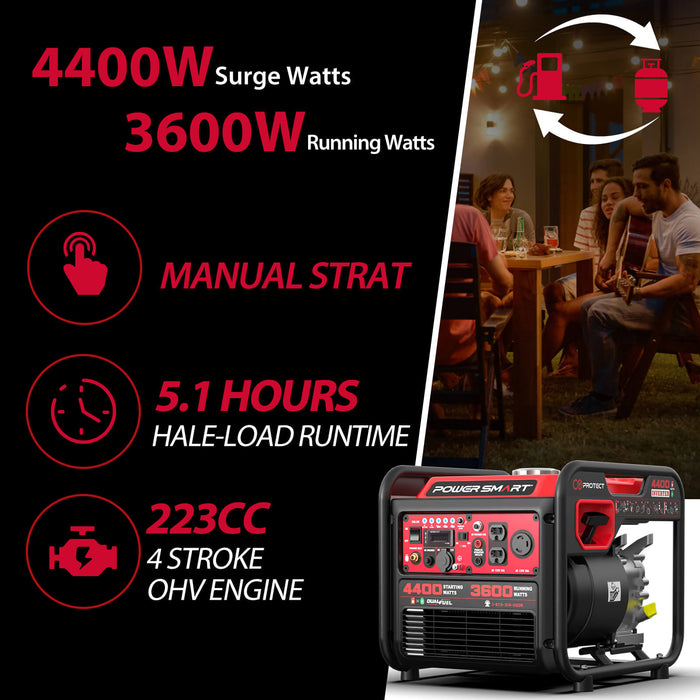 PowerSmart 4400W/4000W Gasoline/Propane Duel Fuel Inverter Generator w/ CO Alert MB5040DC