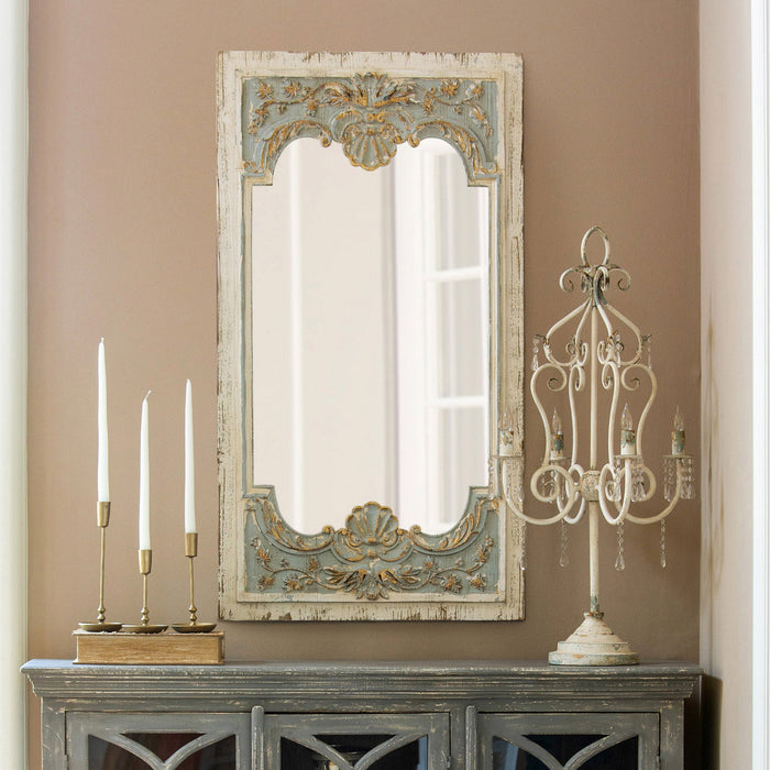 Park Hill Collection Coquille Carved Wood Mirror - Elegant Artisan Horizontal Design in Blue & White, Perfect for Any Room