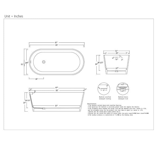 Modern Cascada Freestanding White Soaking Bathtub with Stainless Steel Drain and Overflow - Dimensions