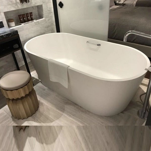 Modern Cascada Freestanding White Soaking Bathtub with Stainless Steel Drain and Overflow - Detail View