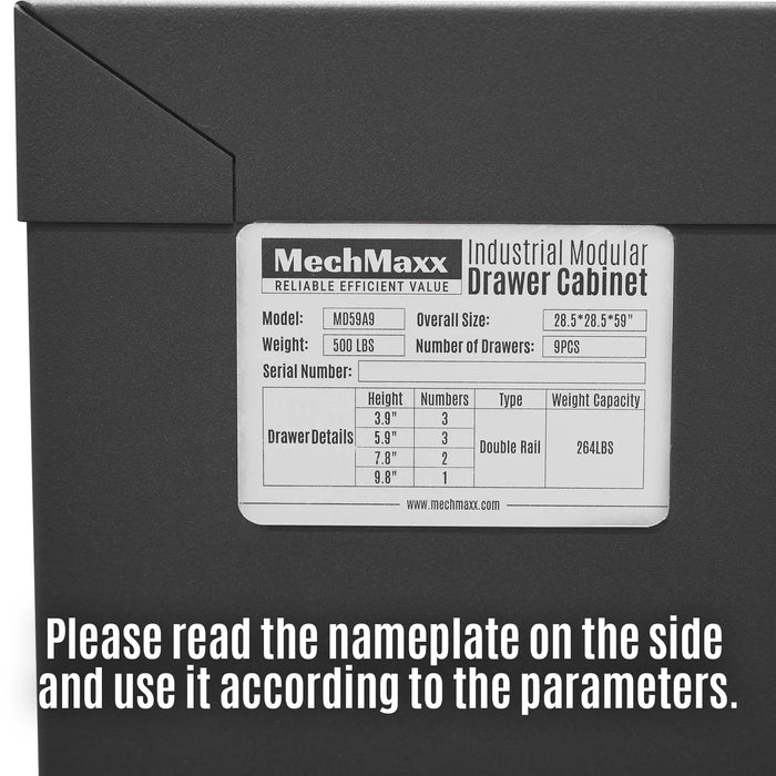 Heavy Duty Modular Drawer Cabinet - 9 Drawer,  59" H x 28.5" W x 28.5" D Tool Storage Organizer,  Steel Construction