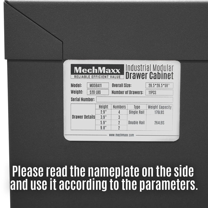 Heavy Duty Modular Drawer Cabinet - 11 Drawer,  59" H x 28.5" W x 28.5" D Tool Storage Organizer,  Steel Construction