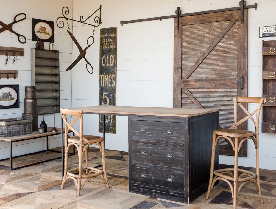 Park Hill Collection Wooden Cross Back Counter Stool - Rustic Aged Finish, Cane Woven Seat, Perfect for Farmhouse Decor