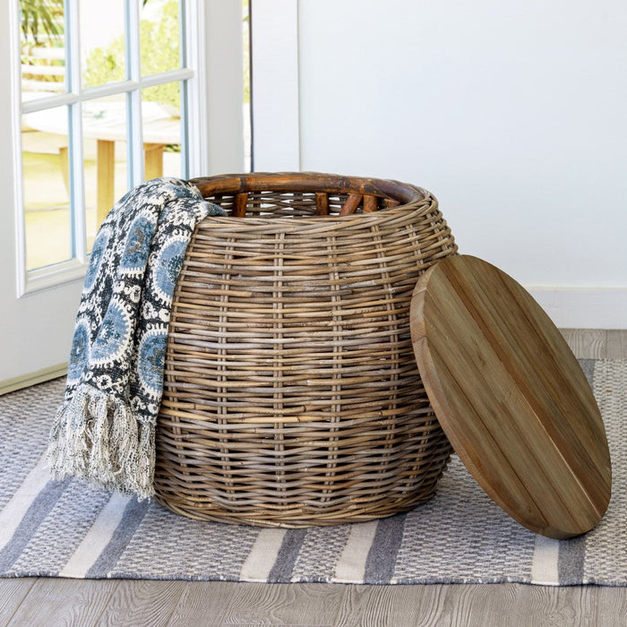 Park Hill Collection Rattan Side Table with Removable Teak Top (