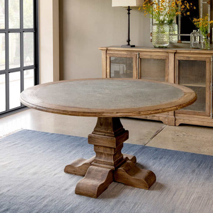 Park Hill Collection Aged Zinc Top Round Dining Table - Rustic Elmwood Pedestal Base with Stunning Zinc Inlay Design EFT06093